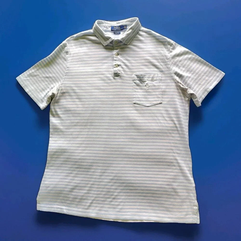 Polo Ralph Lauren Polo Shirt Men Large Blue Striped White Pony Preppy Casual